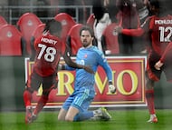 Apr 22, 2026; Toronto, Ontario, CAN; Toronto FC goalkeeper Luka Gavran (1) celebrates after scoring a goal against Philadelphia Union in the second half at BMO Field. Mandatory Credit: Dan Hamilton-Imagn Images
