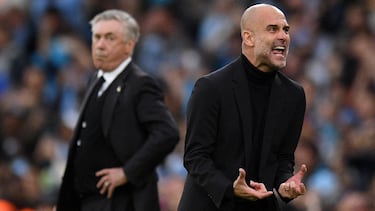 Guardiola y Ancelotti, durante el Manchester City-Real Madrid.