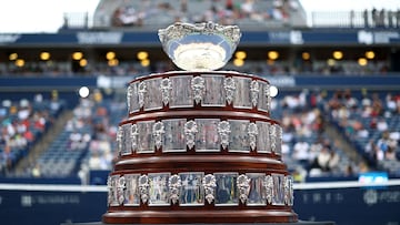 TORONTO, ON - AUGUST 7: The Davis Cup on court as Frank Dancevic, Alexis Galarneau, Gabriel Diallo, Vasek Pospisil, Denis Shapovalov and Felix Auger-Aliassime of Canada receive their 2022 David Cup Championship rings prior to the evening session during Day One of the National Bank Open, part of the Hologic ATP Tour, at Sobeys Stadium on August 7, 2023 in Toronto, Canada. Vaughn Ridley/Getty Images/AFP (Photo by Vaughn Ridley / GETTY IMAGES NORTH AMERICA / Getty Images via AFP)