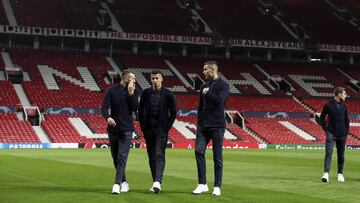 Juventus' Cristiano Ronaldo, center right, during the walkaround at Old Trafford, Manchester, England, Monday, Oct. 22, 2018. Juventus will play a Champions League soccer match against Manchester United on Tuesday. (Martin Rickett/PA via AP)