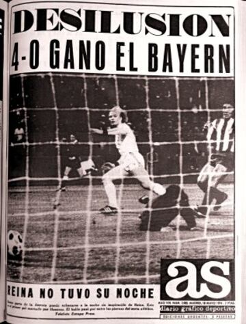 Portada de Diario AS del 18 de mayo de 1974. La segunda final. Dos días despues se celebró el partido de desempate y el Bayern de Munich ganó 4-0 al Atlético de Madrid con goles de Hoeness y Mueller.
