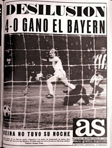 Portada de Diario AS del 18 de mayo de 1974. La segunda final. Dos das despues se celebr el partido de desempate y el Bayern de Munich gan 4-0 al Atltico de Madrid con goles de Hoeness y Mueller.