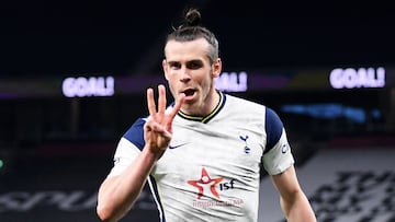 LONDON, ENGLAND - MAY 02: Gareth Bale of Tottenham Hotspur celebrates after scoring their side&#039;s third goal and his hat trick during the Premier League match between Tottenham Hotspur and Sheffield United at Tottenham Hotspur Stadium on May 02, 2021 