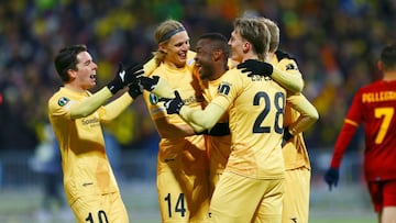 FK Bodo/Glimt#s players celebrate scoring during the UEFA Europa conference league football match FK Bodo/Glimt v AS Roma at Aspmyra Stadium in Bodo on April 7, 2022. (Photo by Mats Torbergsen / NTB / AFP) / Norway OUT