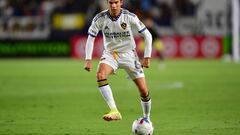 Aug 19, 2022; Carson, California, USA; Los Angeles Galaxy midfielder Riqui Puig (6) controls the ball against the Seattle Sounders during the second half at Dignity Health Sports Park. Mandatory Credit: Gary A. Vasquez-USA TODAY Sports