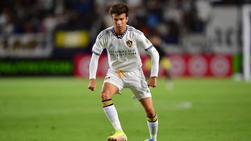 Aug 19, 2022; Carson, California, USA; Los Angeles Galaxy midfielder Riqui Puig (6) controls the ball against the Seattle Sounders during the second half at Dignity Health Sports Park. Mandatory Credit: Gary A. Vasquez-USA TODAY Sports