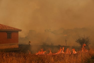 Un bombero combate un incendio forestal junto a una casa en Congosta, España.