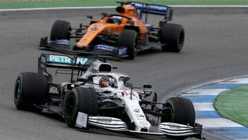 HOCKENHEIM, GERMANY - JULY 28: Lewis Hamilton of Great Britain driving the (44) Mercedes AMG Petronas F1 Team Mercedes W10 leads Carlos Sainz of Spain driving the (55) McLaren F1 Team MCL34 Renault on track during the F1 Grand Prix of Germany at Hockenheimring on July 28, 2019 in Hockenheim, Germany. (Photo by Charles Coates/Getty Images)