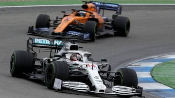 HOCKENHEIM, GERMANY - JULY 28: Lewis Hamilton of Great Britain driving the (44) Mercedes AMG Petronas F1 Team Mercedes W10 leads Carlos Sainz of Spain driving the (55) McLaren F1 Team MCL34 Renault on track during the F1 Grand Prix of Germany at Hockenheimring on July 28, 2019 in Hockenheim, Germany. (Photo by Charles Coates/Getty Images)