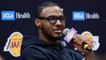 EL SEGUNDO, CALIFORNIA - JULY 02: Bronny James #9 of the Los Angeles Lakers speaks with the media during a press conference at UCLA Health Training Center on July 02, 2024 in El Segundo, California. The Lakers selected Bronny James and Dalton Knecht in the 2024 NBA Draft. NOTE TO USER: User expressly acknowledges and agrees that, by downloading and or using this photograph, User is consenting to the terms and conditions of the Getty Images License Agreement. Ronald Martinez/Getty Images/AFP (Photo by RONALD MARTINEZ / GETTY IMAGES NORTH AMERICA / Getty Images via AFP)
