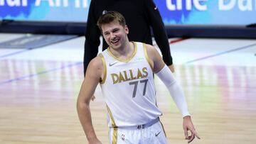 Apr 5, 2021; Dallas, Texas, USA; Dallas Mavericks guard Luka Doncic (77) reacts during the first half against the Utah Jazz at American Airlines Center. Mandatory Credit: Kevin Jairaj-USA TODAY Sports