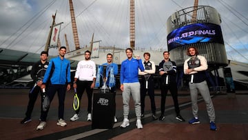 LONDON, ENGLAND - NOVEMBER 08: (L-R) Dominic Thiem of Austria, Novak Djokovic of Serbia, Matteo Berrettini of Italy, Roger Federer of Switzerland, Rafael Nadal of Spain, Alexander Zverev of Germany, Daniil Medvedev of Russia and Stefanos Tsitsipas of Gree