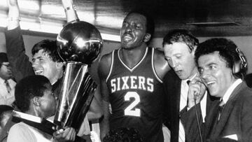 LOS ANGELES, CA - MAY 31: Moses Malone #2 of the Philadelphia 76ers celebrates following Game Four of the NBA Finals played agaisnt the Los Angeles Lakers on May 31, 1983 at the Great Western Forum in Los Angeles, California.  Philadelphia defeated Los An