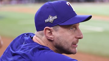 Arlington (United States), 11/10/2023.- Texas Rangers pitcher Max Scherzer watches from the dugout during the first inning of game three of the Major League Baseball (MLB) American League Division Series playoffs between the Baltimore Orioles and the Texas Rangers at Globe Life Field, in Arlington, Texas, USA, 10 October 2023. The Division Series is the best-of-five games. EFE/EPA/ADAM DAVIS
