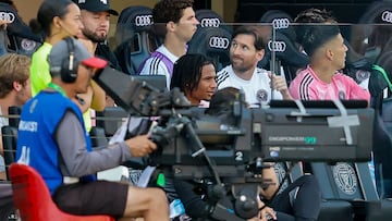Inter Miami CF's Argentine forward Lionel Messi #10 looks on from the bench in the second half at the MLS match between Inter Miami CF and Charlotte FC at Chase Stadium in Fort Lauderdale, Florida, on March 9, 2025. (Photo by Chris Arjoon / AFP)