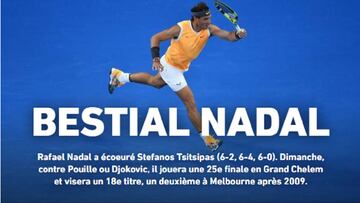 Portada de la edici&oacute;n digital de L&#039;&Eacute;quipe dedicada al triunfo de Rafa Nadal ante Stefanos Tsitsipas en las semifinales del Open de Australia.