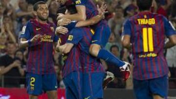 <b>ALEGRÍA. </b>Los jugadores celebran un gol en el Barça-Osasuna.