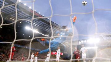 Soccer Football - Champions League Semi Final First Leg - Liverpool vs AS Roma - Anfield, Liverpool, Britain - April 24, 2018 Liverpool's Mohamed Salah scores their first goal Action Images via Reuters/Carl Recine
