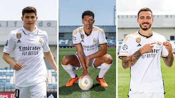 Fran Garc¨ªa, Bellingham y Joselu, en sus presentaciones como jugadores del Real Madrid.