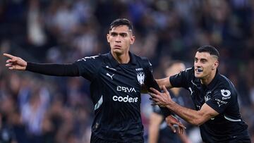 Fidel Ambriz celebrates his goal 1-0 with German Berterame of Monterrey during the 5th round match between Monterrey and Necaxa as part of the Liga BBVA MX, Torneo Clausura 2025 at BBVA Bancomer Stadium, on February 01, 2025 in Monterrey, Nuevo Leon, Mexico.