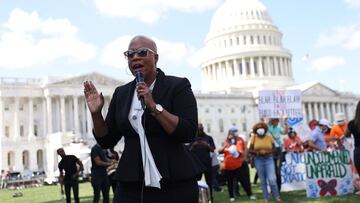 U.S. Rep. Ayanna Pressley (D-MA) speaks in front of United We Dream Action as several immigrant rights groups gather to push for immigration and pathway to citizenship reform in the reconciliation bill.