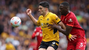 Soccer Football - Premier League - Liverpool v Wolverhampton Wanderers - Anfield, Liverpool, Britain - May 22, 2022 Wolverhampton Wanderers' Raul Jimenez in action with Liverpool's Ibrahima Konate REUTERS/Phil Noble EDITORIAL USE ONLY. No use wi