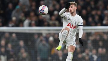 Tottenham Hotspur's German striker #16 Timo Werner controls the ball during the English FA Cup fourth round football match between Tottenham Hotspur and Manchester City at Tottenham Hotspur Stadium in London, on January 26, 2024. (Photo by Glyn KIRK / AFP) / RESTRICTED TO EDITORIAL USE. No use with unauthorized audio, video, data, fixture lists, club/league logos or 'live' services. Online in-match use limited to 120 images. An additional 40 images may be used in extra time. No video emulation. Social media in-match use limited to 120 images. An additional 40 images may be used in extra time. No use in betting publications, games or single club/league/player publications. /