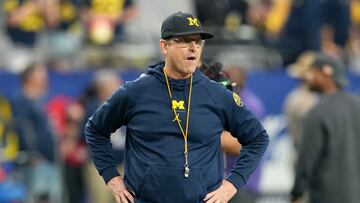 Dec 31, 2022; Glendale, Arizona, USA; Michigan Wolverines head coach Jim Harbaugh before the 2022 Fiesta Bowl against the TCU Horned Frogs at State Farm Stadium. Mandatory Credit: Kirby Lee-USA TODAY Sports