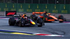 Formula One F1 - Austrian Grand Prix - Red Bull Ring, Spielberg, Austria - June 28, 2024 Red Bull's Max Verstappen and McLaren's Oscar Piastri during sprint qualifying REUTERS/Florion Goga