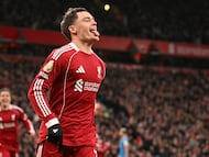 Liverpool's German midfielder #07 Florian Wirtz celebrates after scoring their second goal during the English Premier League football match between Liverpool and Wolverhampton Wanderers at Anfield in Liverpool, north west England on December 27, 2025. (Photo by Oli SCARFF / AFP) / RESTRICTED TO EDITORIAL USE. No use with unauthorized audio, video, data, fixture lists, club/league logos or 'live' services. Online in-match use limited to 120 images. An additional 40 images may be used in extra time. No video emulation. Social media in-match use limited to 120 images. An additional 40 images may be used in extra time. No use in betting publications, games or single club/league/player publications. /