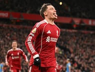 Liverpool's German midfielder #07 Florian Wirtz celebrates after scoring their second goal during the English Premier League football match between Liverpool and Wolverhampton Wanderers at Anfield in Liverpool, north west England on December 27, 2025. (Photo by Oli SCARFF / AFP) / RESTRICTED TO EDITORIAL USE. No use with unauthorized audio, video, data, fixture lists, club/league logos or 'live' services. Online in-match use limited to 120 images. An additional 40 images may be used in extra time. No video emulation. Social media in-match use limited to 120 images. An additional 40 images may be used in extra time. No use in betting publications, games or single club/league/player publications. /