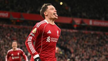 Liverpool's German midfielder #07 Florian Wirtz celebrates after scoring their second goal during the English Premier League football match between Liverpool and Wolverhampton Wanderers at Anfield in Liverpool, north west England on December 27, 2025. (Photo by Oli SCARFF / AFP) / RESTRICTED TO EDITORIAL USE. No use with unauthorized audio, video, data, fixture lists, club/league logos or 'live' services. Online in-match use limited to 120 images. An additional 40 images may be used in extra time. No video emulation. Social media in-match use limited to 120 images. An additional 40 images may be used in extra time. No use in betting publications, games or single club/league/player publications. /