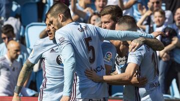 Okay, Hugo Mallo, Iago Aspas y Smolov celebran el gol del Celta contra el Legan&eacute;s. 