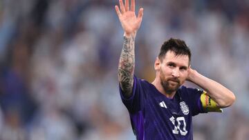 DOHA, QATAR - NOVEMBER 30: Lionel Messi of Argentina acknowledges the fans after their sides victory during the FIFA World Cup Qatar 2022 Group C match between Poland and Argentina at Stadium 974 on November 30, 2022 in Doha, Qatar. (Photo by Julian Finney/Getty Images)