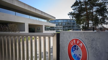 A picture taken in Nyon shows the gate at the headquarters of UEFA