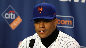 NEW YORK, NEW YORK - DECEMBER 12: Juan Soto of the New York Mets looks on during his introductory press conference at Citi Field on December 12, 2024 in New York City. Al Bello/Getty Images/AFP (Photo by AL BELLO / GETTY IMAGES NORTH AMERICA / Getty Images via AFP)