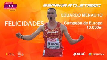 El atleta español Eduardo Menacho celebrando su medalla de oro en el Europeo sub-23 disputado en Tallin, Estonia.