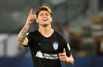 CF Pachuca's Chilean forward Angelo Sagal celebrates after scoring a goal during the third place football match of the FIFA Club World Cup UAE 2017 between Al-Jazira and CF Pachuca at the Bin Zayed Stadium in Abu Dhabi on December 16, 2017. 
 / AFP PHOTO 