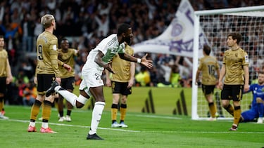 Soccer Football - Copa del Rey - Semi Final - Second Leg - Real Madrid v Real Sociedad - Santiago Bernabeu, Madrid, Spain - April 1, 2025 Real Madrid's Antonio Rudiger celebrates scoring their fourth goal REUTERS/Juan Medina