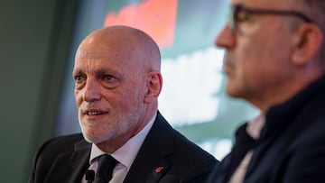 MADRID, 22/04/2025.- El presidente de LaLiga, Javier Tebas, presenta el Informe Económico de Laliga correspondiente a la temporada 2023/2024 este martes, en Madrid. EFE/ Daniel González