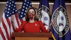 Speaker of the House Nancy Pelosi, D-CA., speaks to reporters on an agreement of a coronavirus disease (COVID-19) aid package on Capitol Hill in Washington, D.C., U.S., December 20, 2020. REUTERS/Ken Cedeno     TPX IMAGES OF THE DAY