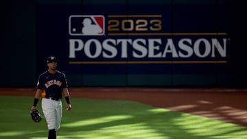 HOUSTON, TEXAS - OCTOBER 16: Michael Brantley #23 of the Houston Astros looks on from the outfield against the Texas Rangers during the second inning in Game Two of the American League Championship Series at Minute Maid Park on October 16, 2023 in Houston, Texas.   Rob Carr/Getty Images/AFP (Photo by Rob Carr / GETTY IMAGES NORTH AMERICA / Getty Images via AFP)