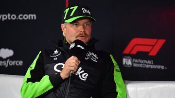 Nov 20, 2024; Las Vegas, Nevada, USA; Stake F1 Sauber driver Valtteri Bottas (77) during media availabilities at Las Vegas Circuit. Mandatory Credit: Gary A. Vasquez-Imagn Images