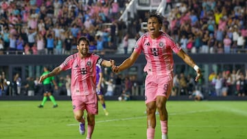 Inter Miami's Argentine forward #10 Lionel Messi and Inter Miami's Venezuelan midfielder #08 Telasco Segovia celebrate a third goal during the Leagues Cup semi-final football match between Inter Miami CF and Orlando City SC at Chase Stadium in Fort Lauderdale, Florida, on August 27, 2025. (Photo by Chris Arjoon / AFP)