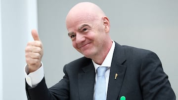 FILE PHOTO: FIFA president Gianni Infantino gestures as he attends a signing ceremony with U.S. President Donald Trump, President of the Democratic Republic of the Congo Felix Tshisekedi and President of Rwanda Paul Kagame (not pictured) at the U.S. Institute of Peace in Washington, D.C., U.S., December 4, 2025. REUTERS/Kevin Lamarque/File Photo