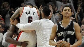 Apr 10, 2017; Portland, OR, USA; Portland Trail Blazers guard Shabazz Napier (6) celebrates with teammates after hitting the game winning basket against the San Antonio Spurs at Moda Center. The Blazers won 99-98. Mandatory Credit: Steve Dykes-USA TODAY Sports