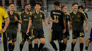 Apr 4, 2026; Los Angeles, California, USA; LAFC players celebrate after a goal by defender Sergi Palencia (14) in the first half against the Orlando City at BMO Stadium. Mandatory Credit: Jayne Kamin-Oncea-Imagn Images