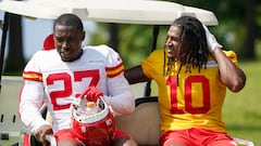 Kansas City Chiefs safety Chamarri Conner (27) and running back Isiah Pacheco (10)