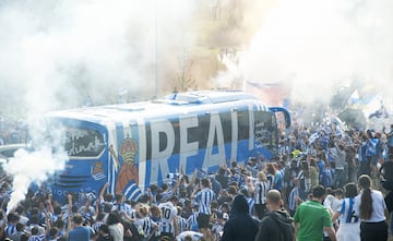 Real Sociedad fans cheer the team on their way down to Seville for the Copa del Rey final.
