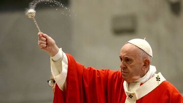 VATICAN CITY, VATICAN - APRIL 05: Pope Francis blesses the palms during  his Palm Sunday Mass in an empty Vatican Basilica of St. Peter&#039;s due to the Covid-19 coronavirus pandemic, on April 05, 2020 in Vatican City, Vatican. Pope Francis  greeted the 